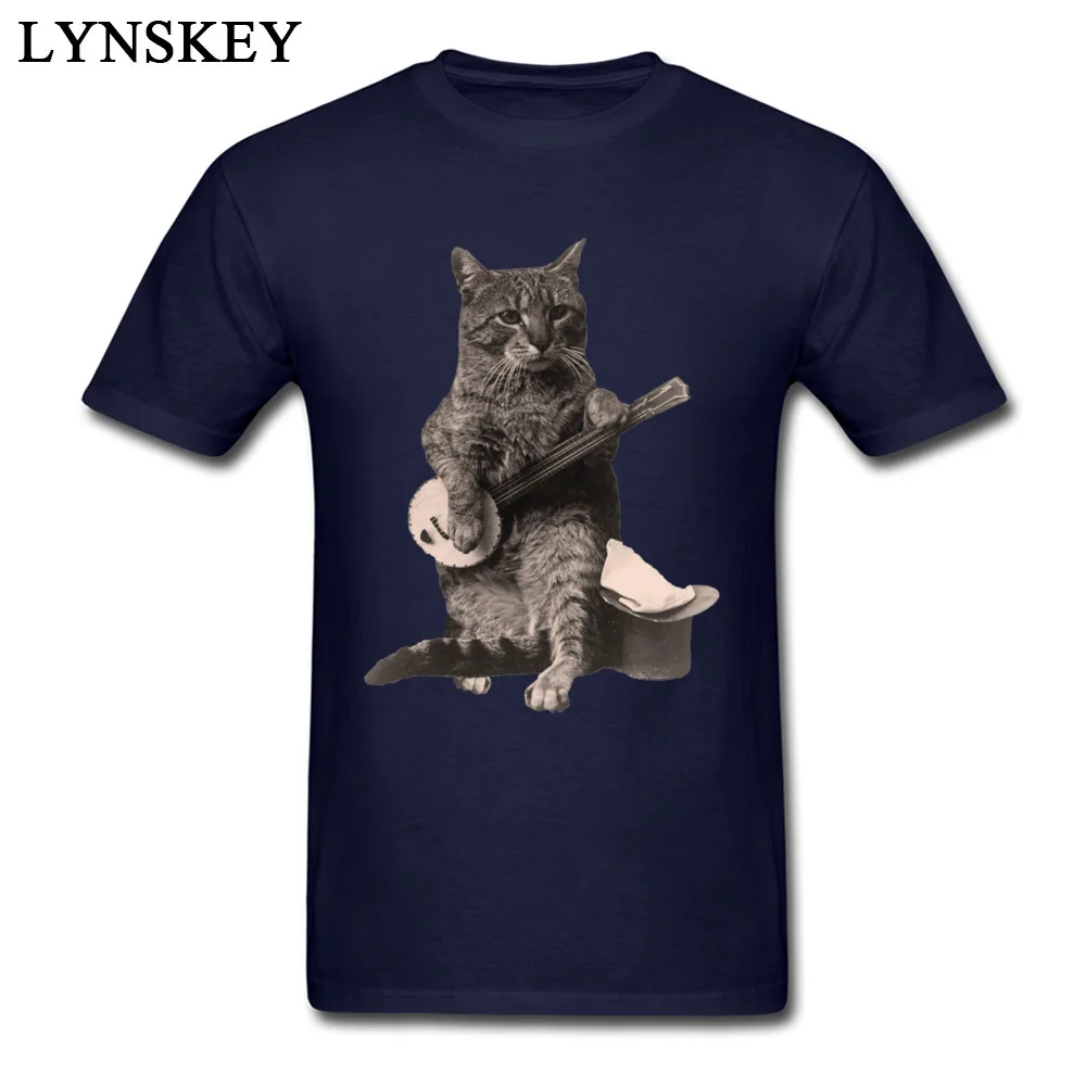 Men's T Shirts Classic Cool Short Sleeve Summer/Fall Tops Shirt Funky Crewneck All Cotton Tee Shirts Cat Playing Banjo Guitar Cat Playing Banjo Guitar navy