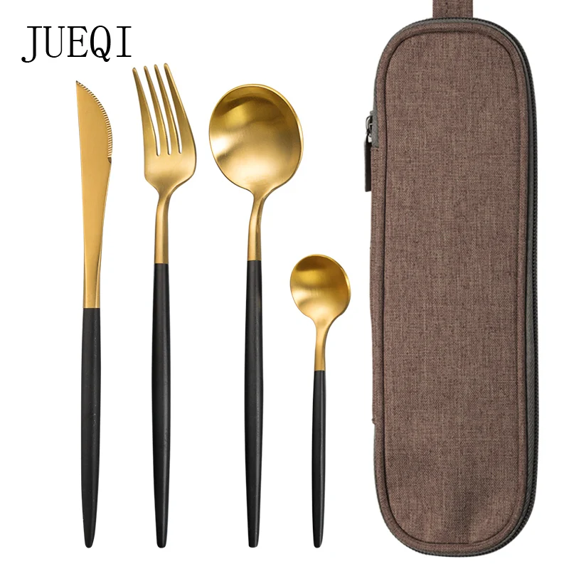 

JueQi Dinnerware Set Stainless Steel Plating Gold Blue Black Knife Fork Tableware Cutlery Western Food Camping Tableware Bag