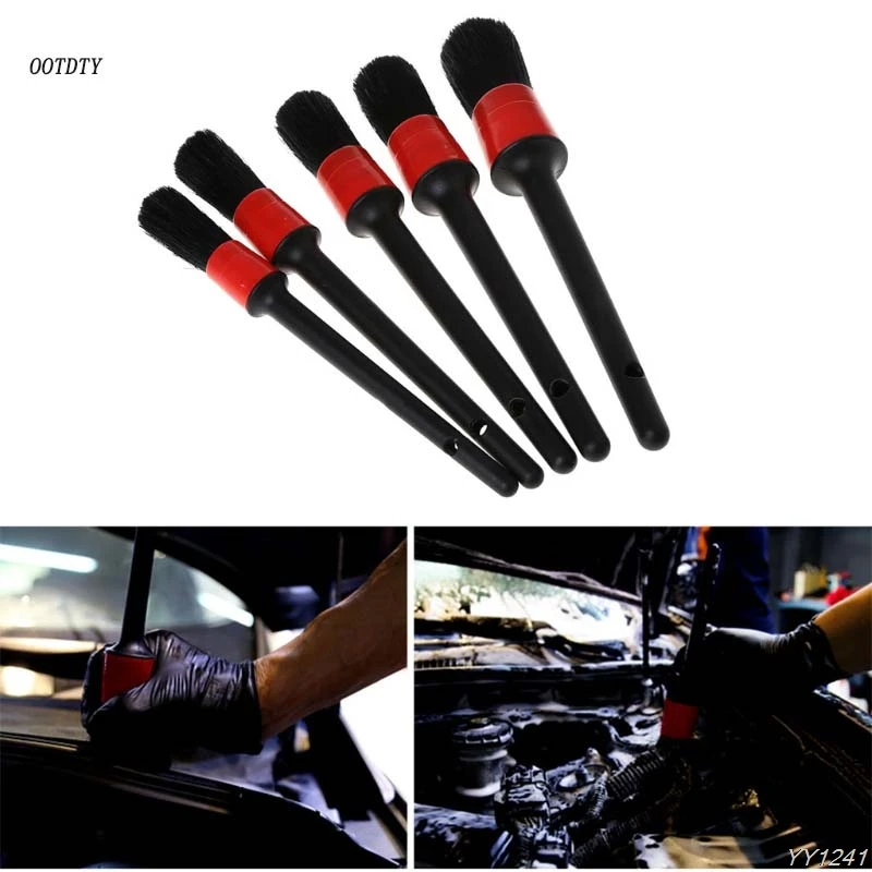 

OOTDTY 5 Pcs Natural Boar Hair Detail Brush Set Automotive Detailing Brushes For Car Cleaning