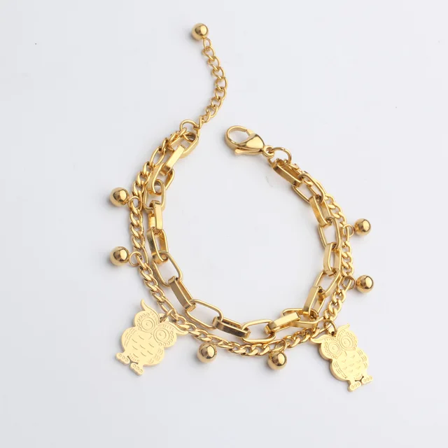 FINE4U B125 Stainless Steel Tree Owl Boy and Girl Charm Bracelet Double Layer Gold Figaro Chain