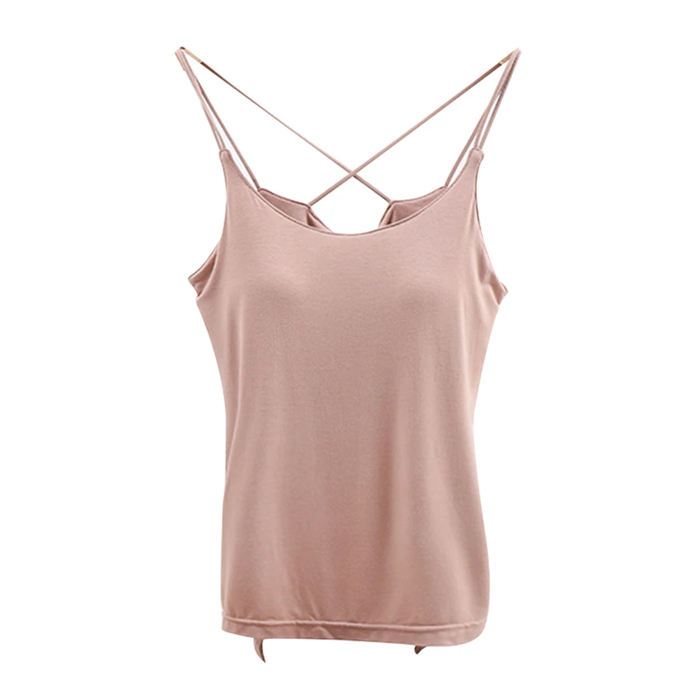 Women Vest Tank Top with Built-in Spaghetti Strap Criss Cross Camisole Tanks KS-shipping - Цвет: khaki