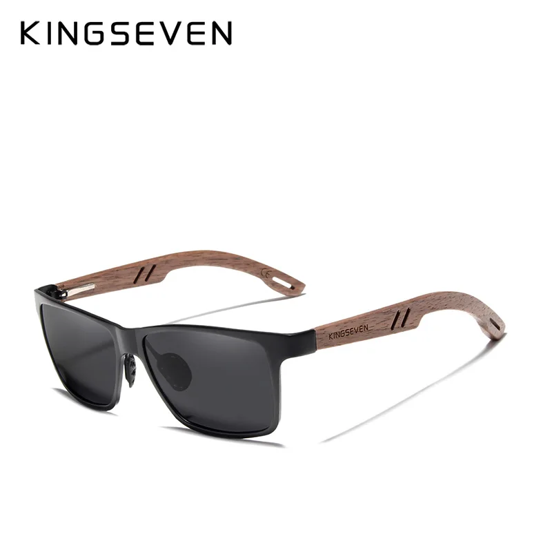 KINGSEVEN поляризованные винтажные мужские деревянные солнцезащитные очки, дерево UV400 защита модные квадратные солнцезащитные очки для женщин Gafas De sol - Цвет линз: Черный
