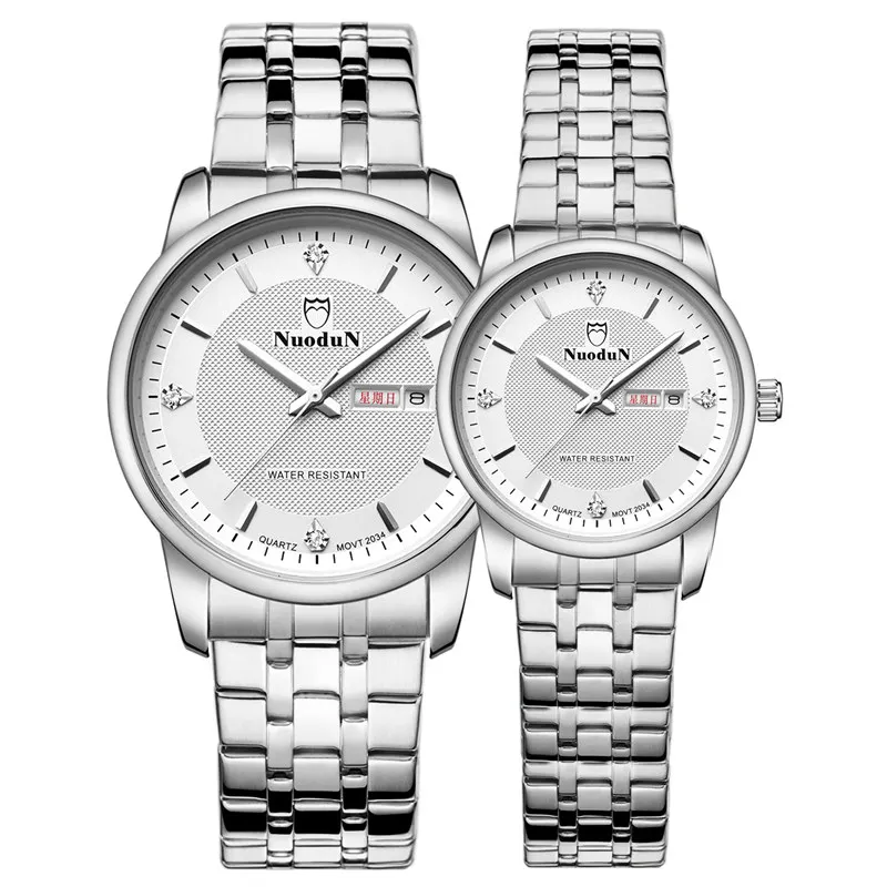 Nuodun Women Watches Silver Luxury Brand Original Calendar Rose Gold Thin Mens Watches Montre Femme Strass