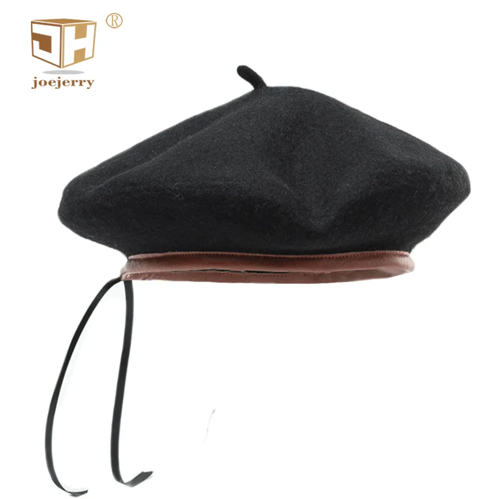 

joejerry Wool Beret Women's French Betet Military Leahter Flat Caps For Men Contrast Color Bonnet