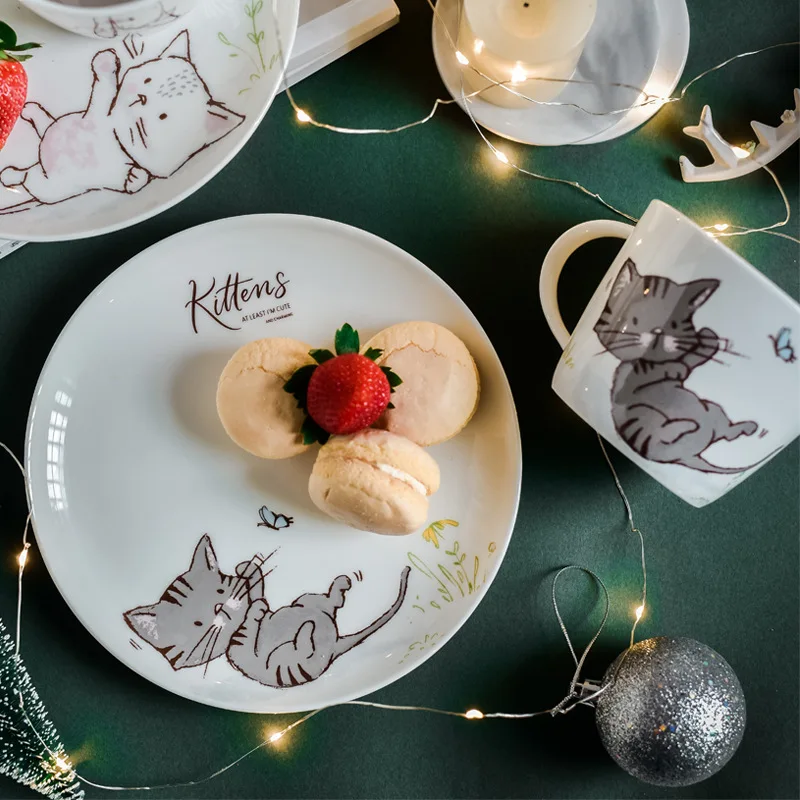 1 шт., обеденная тарелка керамическая с рисунком котенка, обеденная посуда, кружка для питья, милая кошка, десертная тарелка, послеобеденный чайный набор, 8 дюймов/450 мл