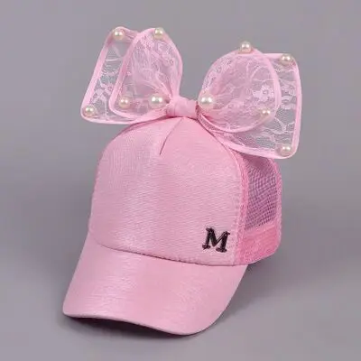 MAERSHEI/Милая сетчатая Кепка для девочек, летняя детская бейсболка с кроличьими ушками и большим бантом, Детская Солнцезащитная бейсболка кепки в стиле хип-хоп - Цвет: Pink