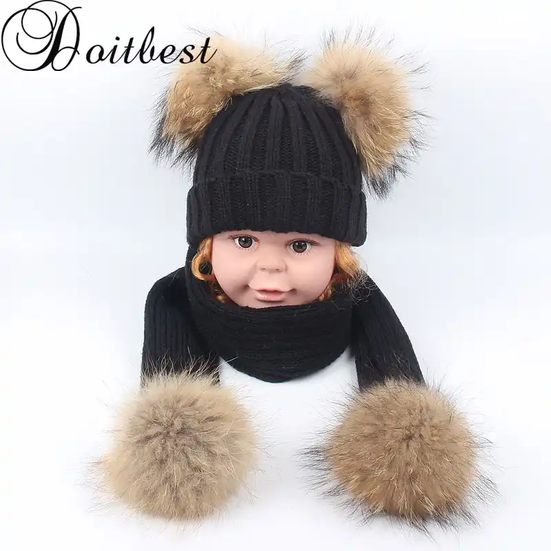 raccoon fur pom pom hat baby