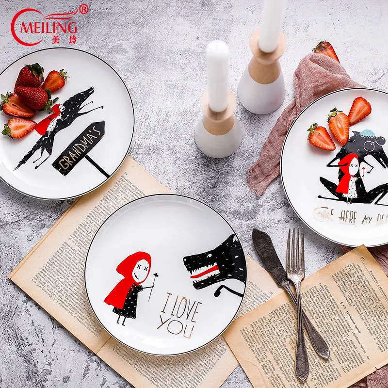 

Creative Girl And Wolf Dinner Plates Bone China Kitchen Crockery Dessert Cake Dish For Kids Restaurant Unique Ceramic Trays Gift
