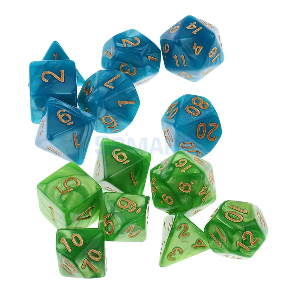 14 pieces Polyhedral Dice D20 D12 D10 D8 D6 D4 16mm for Dungeons and Dragons DND Dice MTG RPG Blue Green