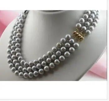

triple strands south sea round 9-10mm silver grey pearl necklace 18"19"20"14k KKK