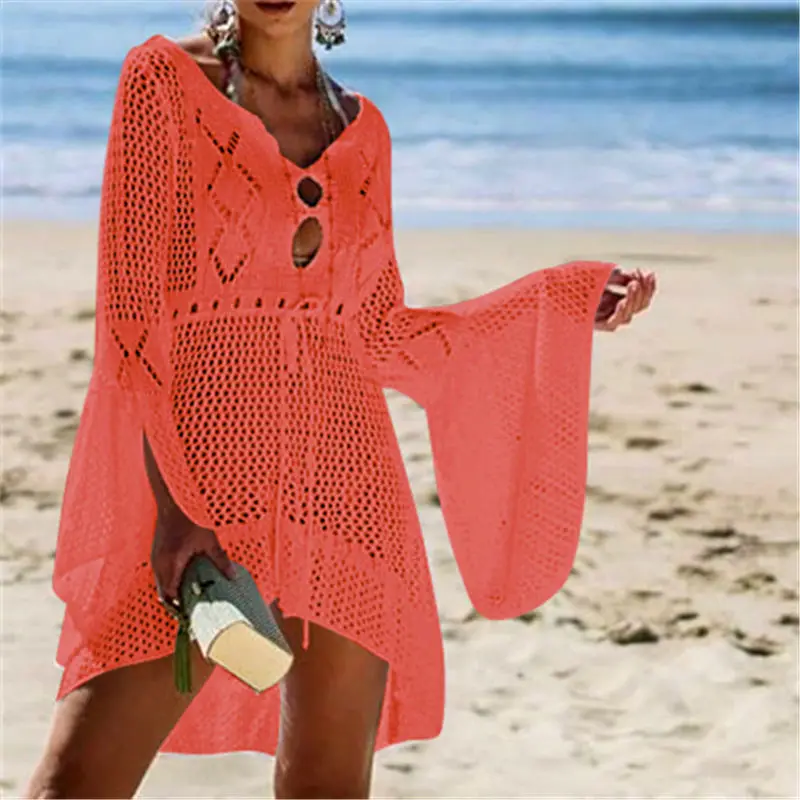 Women's Sexy Orange Crochet Tunic Cover-Ups