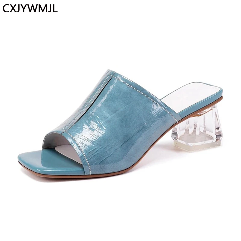 

Women's Slippers Summer Leather High Heel Slippers Fish Mouth Crystal Thick Heel Women Shoes Summer High-end Women's Shoes