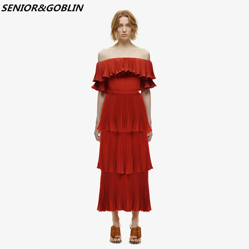 

Self Portrait Brand Design Red Big Swing Hem Pleated Runway Dress Women Summer New Sexy Off The Shoulder Beach Long Party Dress