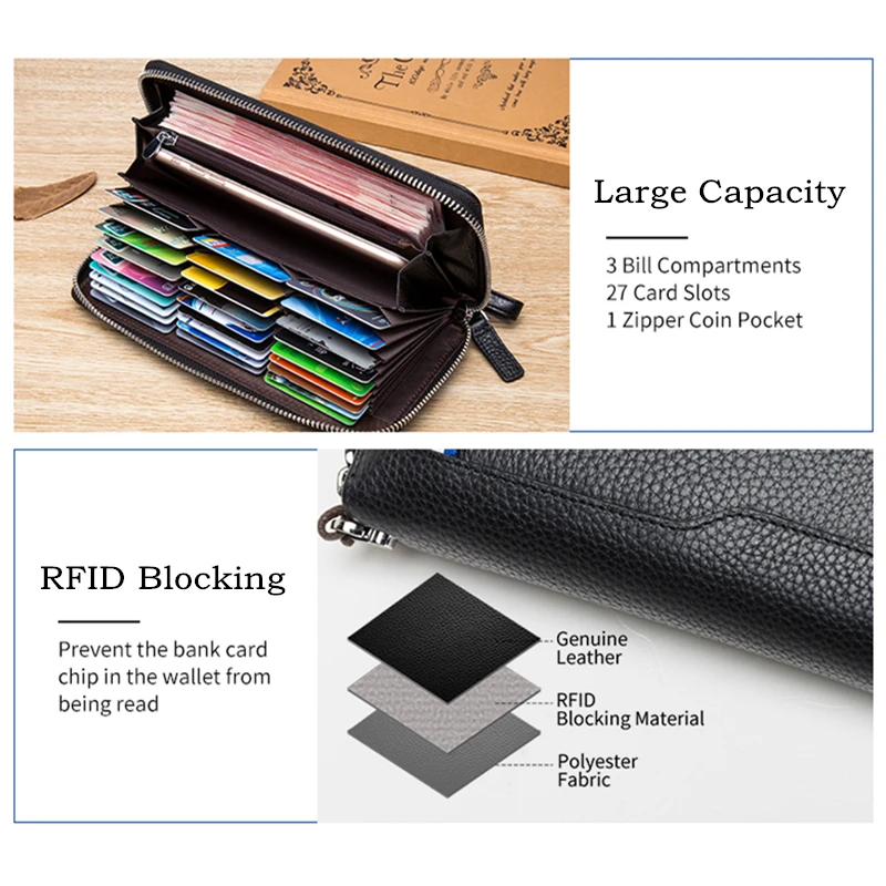 BISON DENIM Real Cow leather Men Wallets Genuine Leather Long Purse For Men RFID Zipper Large Capacity Card Holder Purse W8226 BISON DENIM Real Cow leather Men Wallets Genuine Leather Long Purse For Men RFID Zipper Large Capacity Card Holder Purse W8226