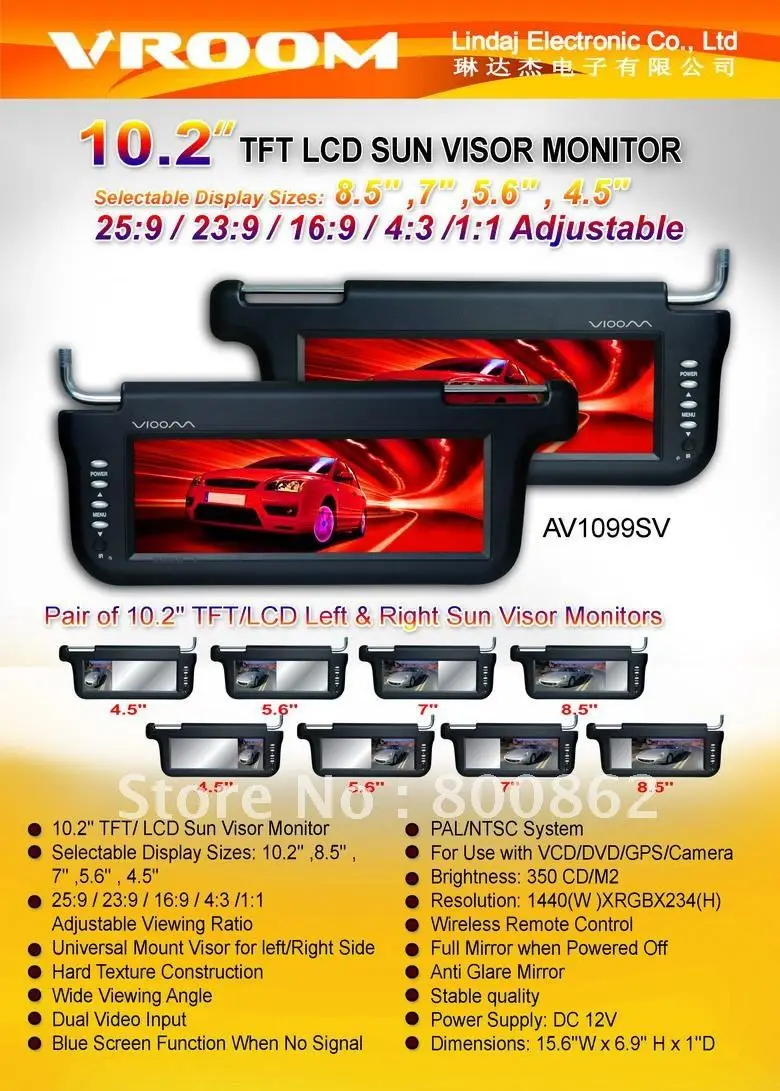 VROOM 10.2" Sun Visor monitor TFT LCD screen Car monitorin Car