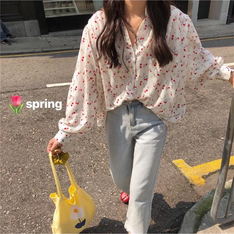 

Little Flower Lantern Sleeve Top Women Shirt Chiffon Loose Spring Summer Romantic Blouse Chemise Femme Chemisier Blusa Mujer