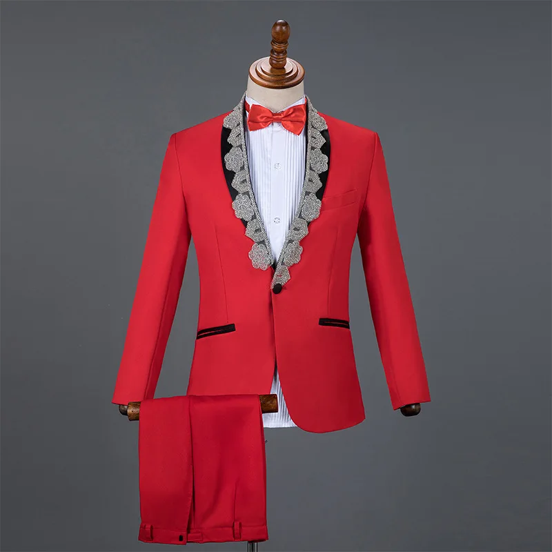 Shenrun Men's 2-Piece Suit Wedding Groom Tuxedos Praty Prom Jacket Pants Host Singer Drummer Chorus Musician Male Stage Costumes - Цвет: red