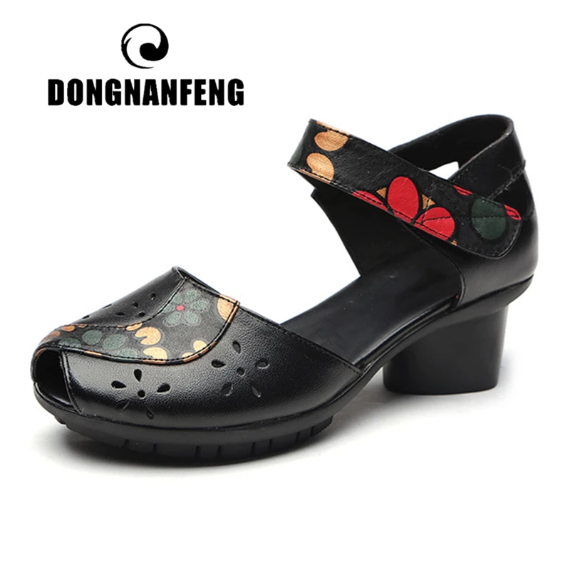 

DONGNANFENG Women Mother Ladies Female Cow Genuine Leather Sandals Shoes Flowers Summer Cool Beach High Heel Size 35-41 MLD-518