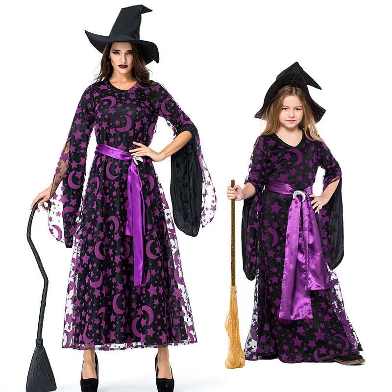 

Umorden Purple Star Moon Witch Sorceress Costume Long Dress Women Kids Girls Teen Halloween Witches Costumes Cosplay for Family