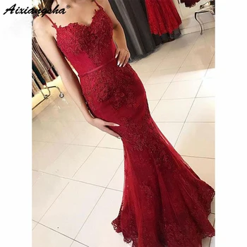 

Burgundy Evening Dresses Sweetheart Long Sweep Train Mermaid Spaghetti Straps Floor robe de soiree Length Tulle Evening Dress
