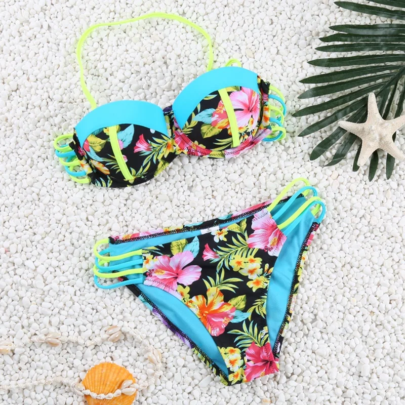 

Floral Print Bikini Set Brazlian Sexy Swimwear Push Up Swimsuit Halter Bathing Suit Low Waist Bottom Bikinis Women Biquini 81610