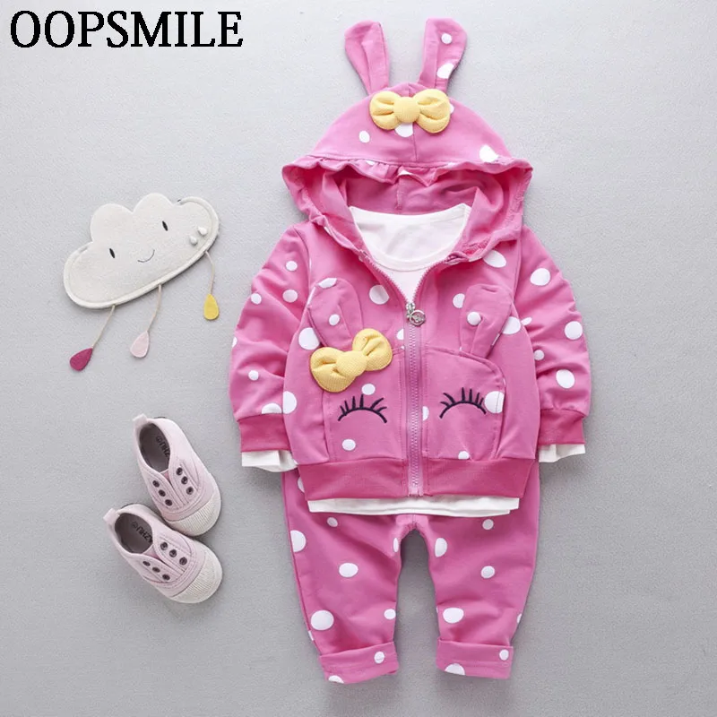 

2017 Spring Fashion Baby Girl Clothes Sets Cartoon Rabbit T-shirt+ hooded Coat+trousers 3PCS Suit Baby Girls Children Suit