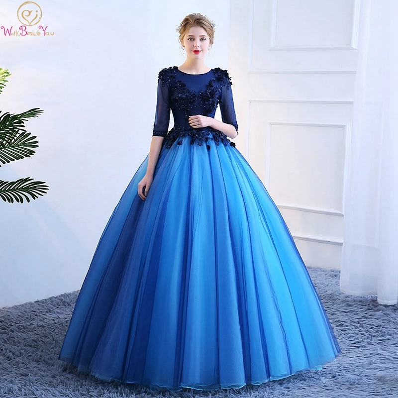 

Royal Blue Quinceanera Dresses 2019 Half Sleeves Scoop Neck Floor Length Appliques Lace--up Illusion Top Ball Beading 3D Flowers