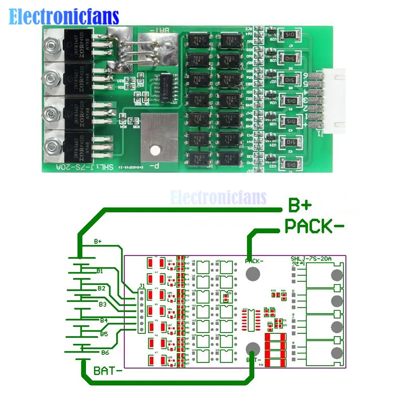Автоматическая защита! 7S 20A 24V литий-ионный аккумулятор 18650 BMS пакеты Щит защиты печатной платы с совпадающим кабелем