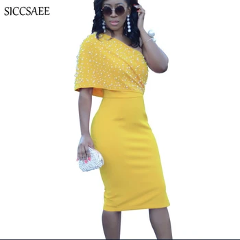 

Pearl Beaded Sequins One Shoulder Bodycon Bandage Dress Knee Length Elegant Vestidos De Fiesta Ruffles Midi Formal Fall 2018