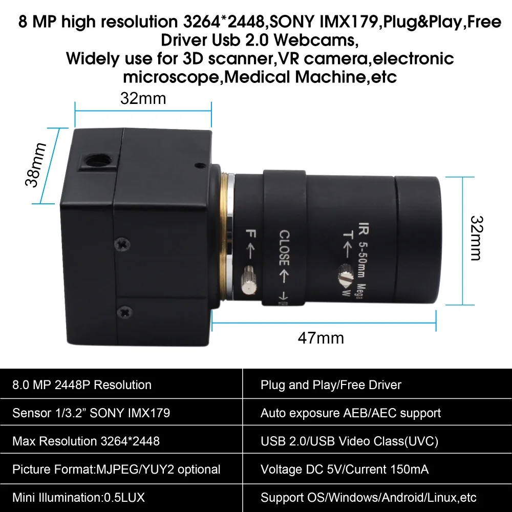 8-мегапиксельная камера видеонаблюдения высокого разрешения SONY IMX179 5-50 мм варифокальный объектив Indurstrial USB камера для Android, Linux Windows Mac OS