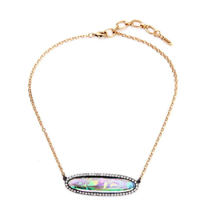 

Fashion Designer-Inspired Delicate Gold Thin Chain Shiny Iridescent Art Deco Pave Baguette Stone Necklace Pendant Casual Jewelry