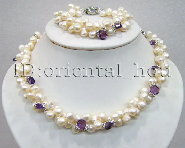 

Jewelry 00412 18inch Double Strands Natural White FW Pearl&Amethyst Necklace Bracelet Set hot