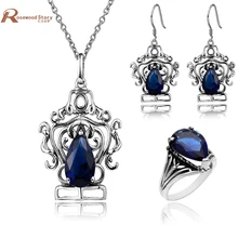 Мода корона синий камень 925 пробы серебряные Ювелирные наборы кристалл кулон серьги кольца нигерийский набор украшений для женщин