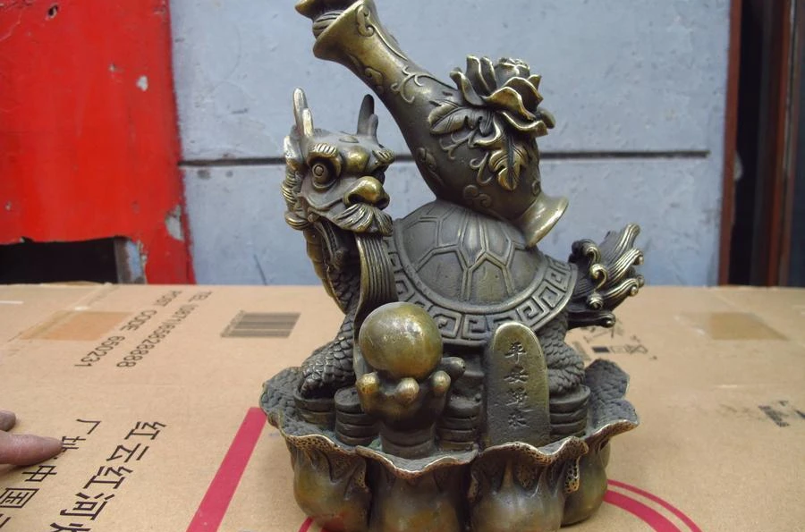 Chinese Feng Shui old Bronze Lucky Wealth Flower Vase Dragon Turtle Statue