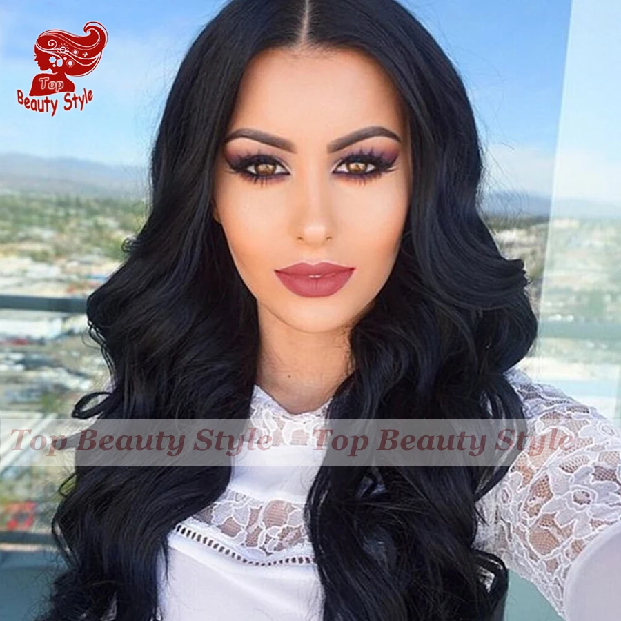 Cheap Top Fashion Hair Black Color Brazilian Wigs Body Wave Hair Heat Resistant Synthetic Lace Front Wigs Wavy Hair For Women