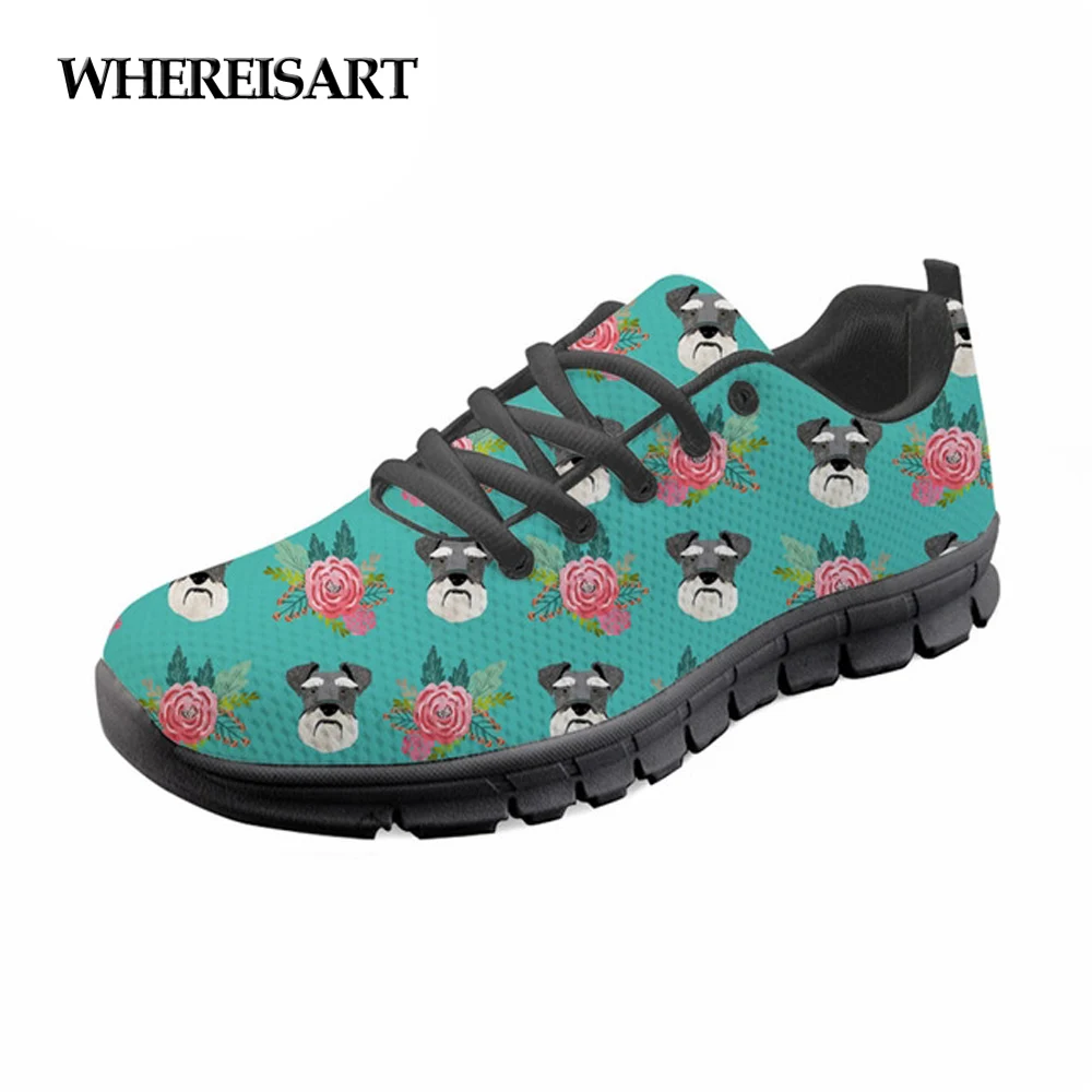 

WHEREISART Fashion Brand Casual Shoes Flats Women Cute Schnauzer Dog Printed Comfortable Breathable Woman Sneakers Size 35-45