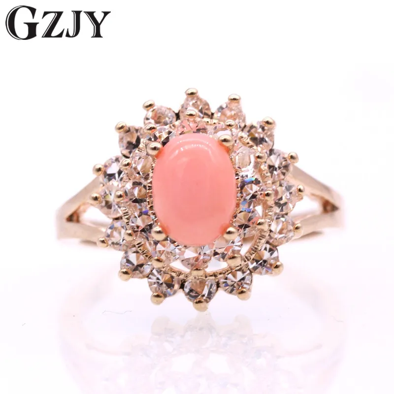 

GZJY Fashion Champagne Gold Color With AAA Zircon Pink Coral Round Wedding Rings For Women Gift G13-3