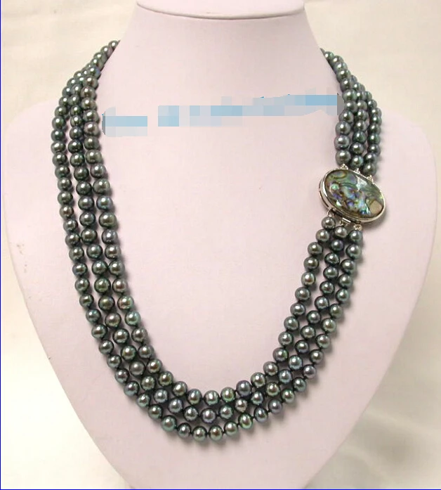 

shipping Genuine! 3row 8mm19" peacock balck freshwater pearls necklace j1776 (A0325)