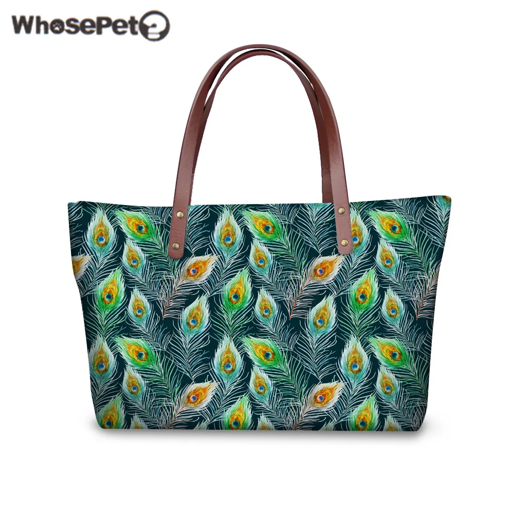 

WHOSEPET Women Shopper 3D Peacock Tail Printing Tote Bags Luxury Handbags for Girls Large Capacity Waterproof Nylon Handbags