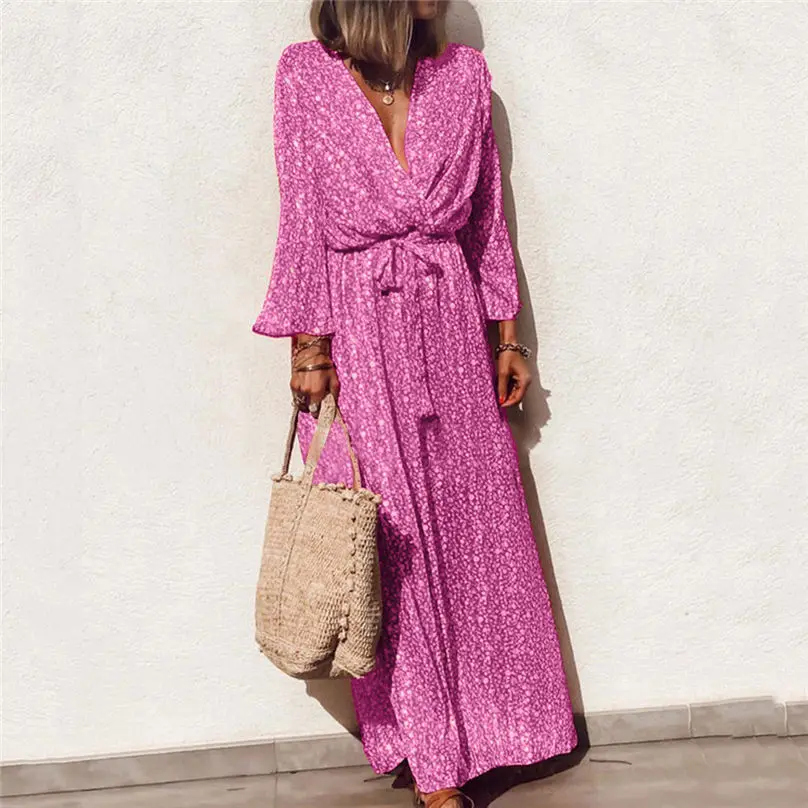 Fashion Women V-Neck Long Dress 2019 Flare Sleeve Elegant Bohemia Floral Print Bow Bandage Maxi Dress Vestidos Plus Size 3Y22 (6)