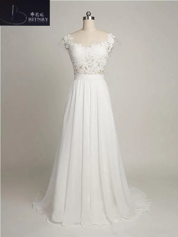 Simple Informal Wedding Dress Scoop Neck Appliques Lace Floor