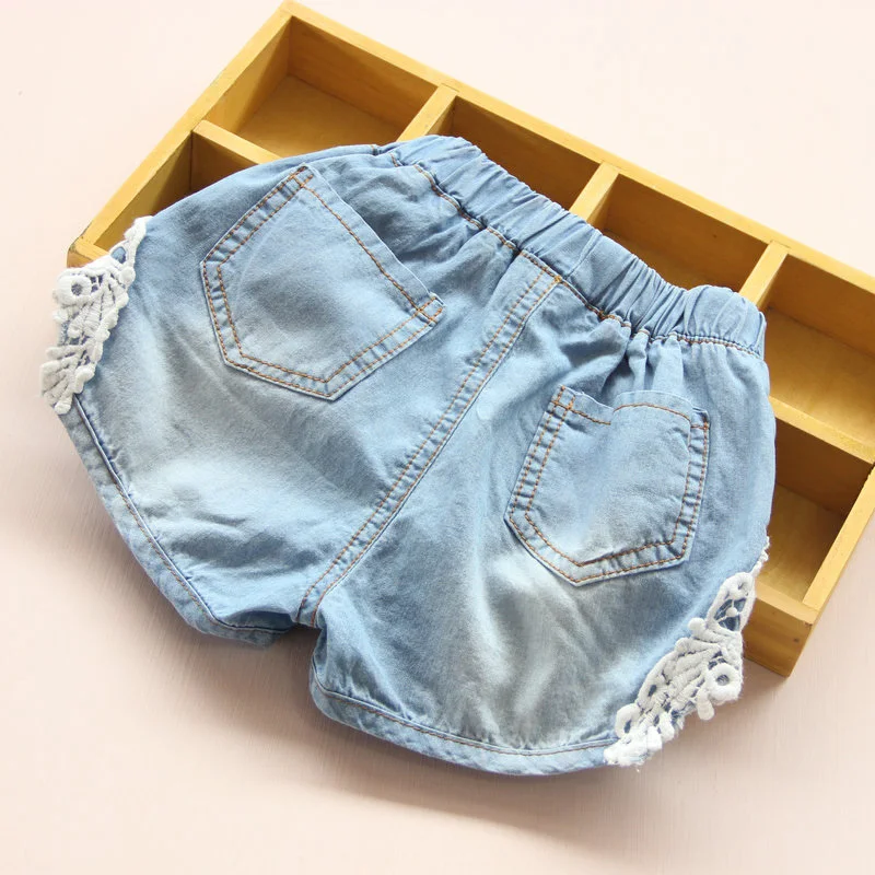 Hot Summer Fashion 2 3 4 6 8 10 12 Years Children Cotton Baby Lace Edges Patchwork Jeans Kids Girls Denim Blue Shorts