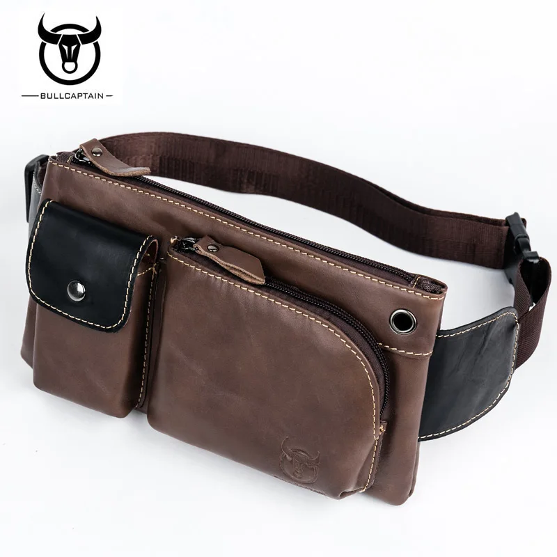 

BULLCAPTAIN Genuine Leather Waist Packs Fanny Pack Belt Bag Phone leather Pouch Bags Travel Waist Pack Male Small Waist Bag YB02