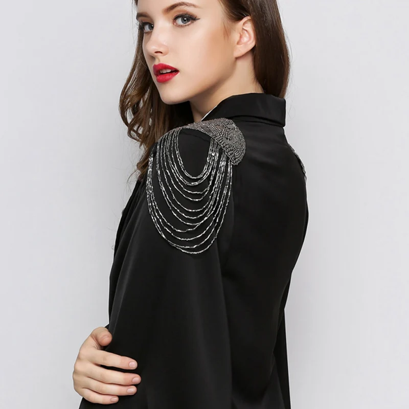 Подиумные блейзеры, осенняя куртка, Женская белая черная накидка, Блейзер, Женское пальто с бисером, Femme Femenino, женский костюм, куртка, пальто 8300416 - Цвет: Черный