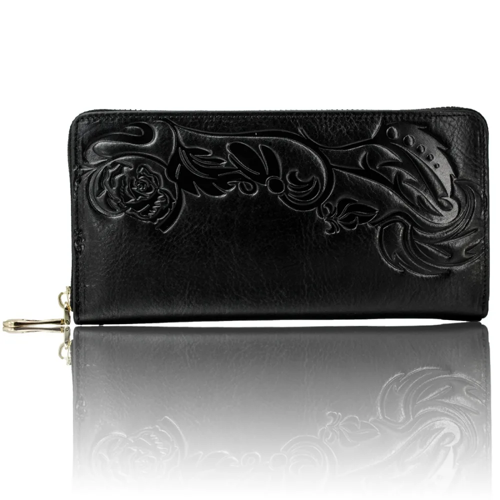 

Genuine leather accept custom logo wholesale national style embossed women's wallet top layer cowhide flower long wallet