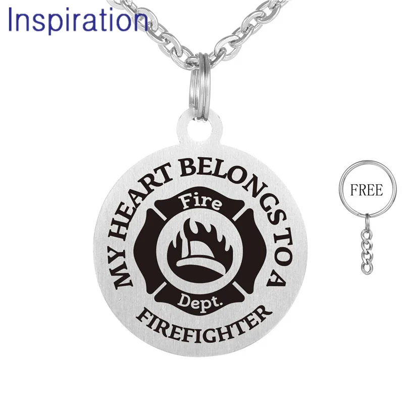 

Fire Dept. Sign Jewelry 30mm Stainless Steel Pendant Necklace Laser Engraved MY HEART BELONGS TO A FIREFIGHTER for Fireman Wife