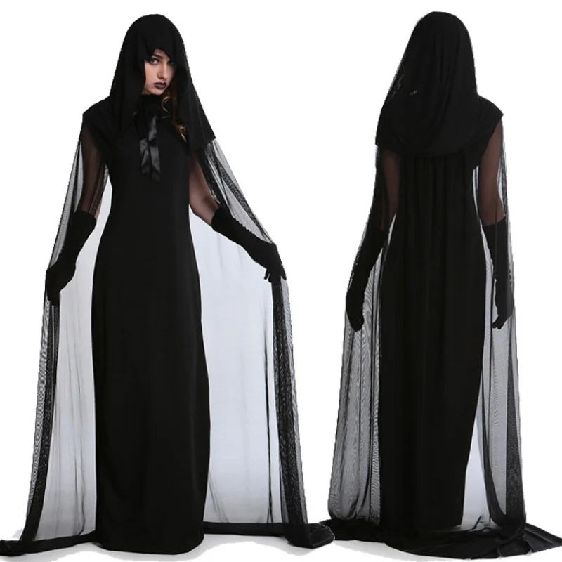 1 комплект, Женский костюм ведьмы на Хэллоуин размера плюс, длинное платье, осенне-зимние черные платья(с шапкой и перчатками
