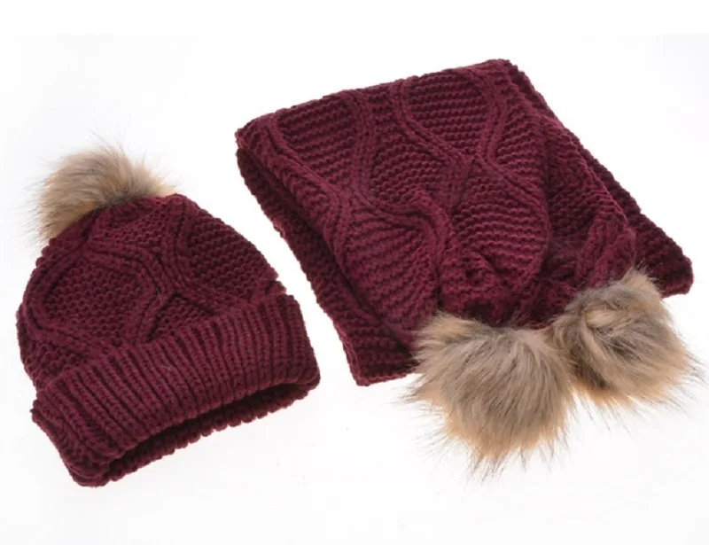 Вязаный шарф, шапка, комплект на осень-зиму, с помпоном для волос, с алмазным узором, шерстяной вязаный шарф, шапка, комплект