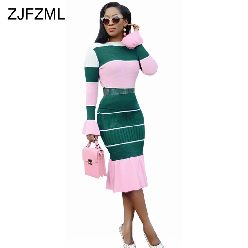 ZJFZML цветное сексуальное облегающее платье с круглым вырезом и длинным рукавом, трикотажное Бандажное платье, осеннее платье с оборками, комплект из двух предметов, миди Vestidos