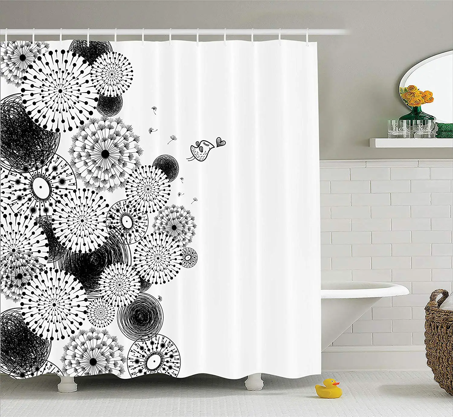 

House Decor Shower Curtain Set By Dandelion Patterns Sketchy Lines and Bird Lion's Tooth Print Fabric Bathroom Decor with Hooks
